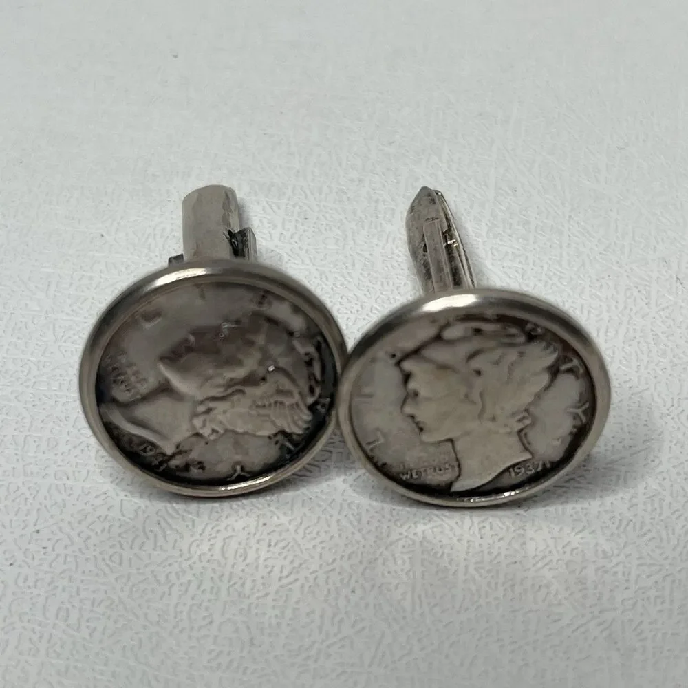 Vintage .925 Silver Mercury Winged Liberty Head Silver Dime 1937 1945 Cufflinks